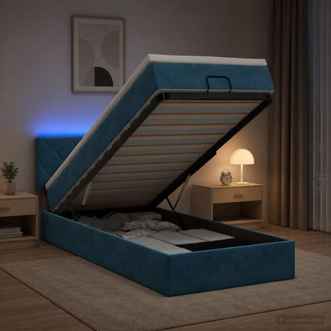vidaXL Lit coffre avec matelas et LED Bleu foncé 90 x 200 cm Velours (1/5)