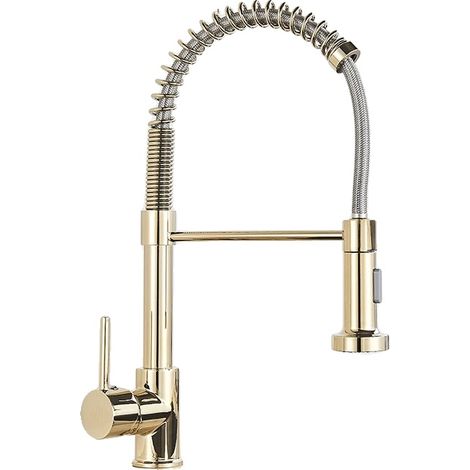 Conjunto de grifería de cocina con resorte, monomando con dos modos de agua, grifo mezclador de agua fría y caliente con pulsador, color dorado. (1/2)