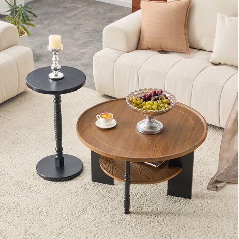 Set de 2 tables basses rondes 80/38 cm noyer et noir, avec rangement, MDF et PVC, MEUBLIV (1/5)
