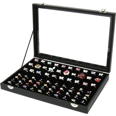 Boîte à bagues avec couvercle en verre pour 100 bagues - Boîte de rangement, plateau, étui et organisateur pour bijoux - Boîtes à bagues - Boîte à boucles d'oreilles - Organisateur de boucles d'oreill (1/5)