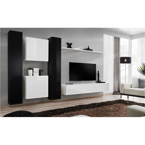Ensemble meuble TV mural  - Switch VI - 330 cm  x 180 cm x 40 cm - Noir et blanc - Livraison gratuite
