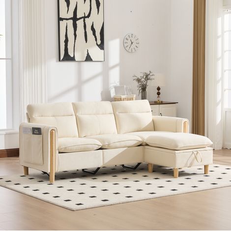 Divano angolare 201x77x86 cm beige in ciniglia, 3 posti con chaise longue reversibile e pouf contenitore (1/5)