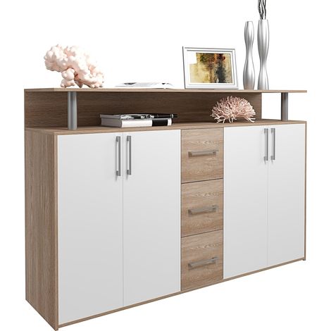 Credenza Comò Con 3 Cassetti 4 Ante Battenti 1 Ripiano Aperto A Giorno Mobile Mobiletto Soggiorno Ingresso Salotto Sala Da Pranzo Design Moderno Monsaraz 139 x 90 x 34 Cm Colore Bianco E Rovere