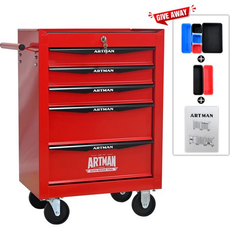 Armoire à outils mobile en métal à 5 tiroirs, 508 mm (20 pouces), avec 5 tiroirs et glissières à billes, boîte à outils de rangement en acier – rouge et noir (1/4)