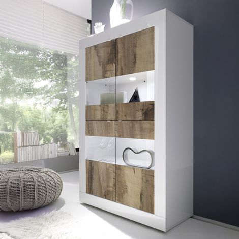 Vitrine Suzzara, 2 Türen, Struktur Braun, Fach Weiß, Made in Italy, 101,4x42x161,2h cm Hochglanzweiß (1/4)