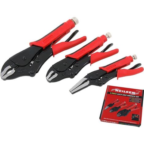 Neilsen 3pc Locking Mole Grip Vice Plier Set Long Nose Adjustable Wrench Pliers
