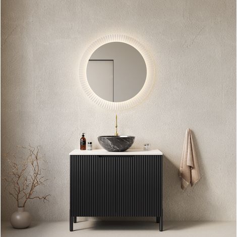 Mueble de baño con lavabo 76 cm de pie, estilo romántico francés, negro, 2 puertas soft-close con encimera efecto Carrara (1/5)