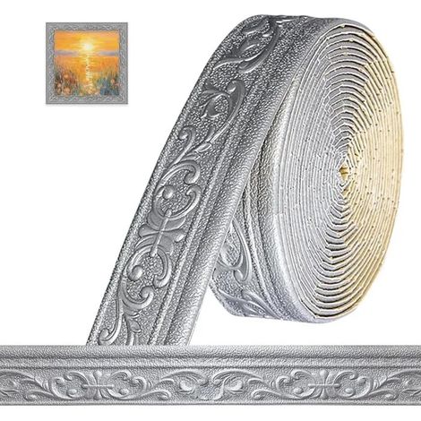 Bordure Autocollante 3D Moulures Plâtre Murale - 10 m x 8 cm x 5 mm - Étanche, pour Angles, Plafond, Dé - A-gris Argenté 8 x 1000 cm (1/5)