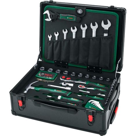 Bosch – Coffret à outils sur roulettes 119 pièces – Mallette de rangement ergonomique – Outils en acier de haute qualité – Poignée télescopique