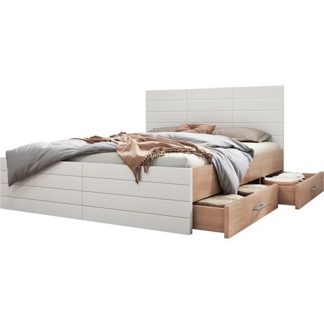 Lit double 180x200 cm avec 2 tiroirs, cadre et sommier à lattes, rangement intégré, design bois clair et blanc pour chambre moderne - CHICFURN (1/5)