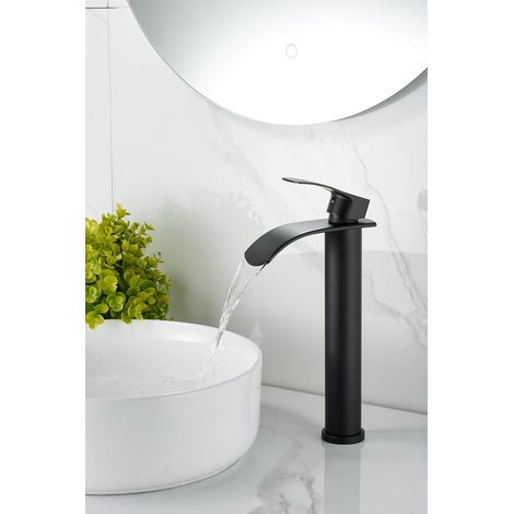 Mitigeur de lavabo cascade noir – Salle de bain – Haute pression, bec cascade – Inox, poignée unique (1/5)