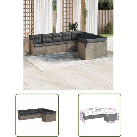 The Living Store Salon de jardin 9 pcs avec coussins gris résine tressée - Ensemble Salon De Jardin - Mobilier De Jardin - Salon Extérieur - Canapé Jardin - Résine Tressée (1/3)