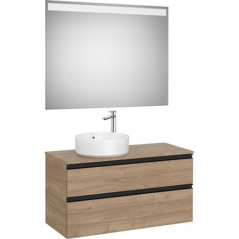 Pack meuble "The gap" 1000 pour vasque à gauche - 2 tiroirs + plan + miroir LED - noyer/poignées noires - Roca (1/2)