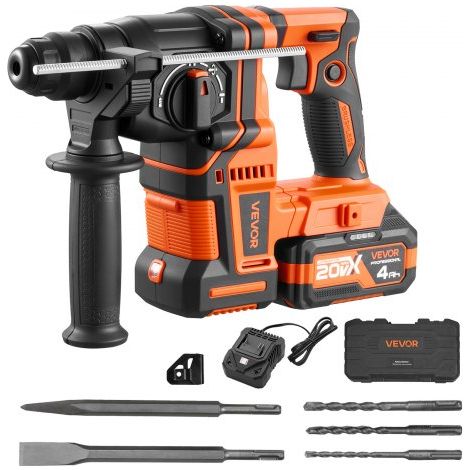 Akku-Bohrhammer 13/16 Zoll SDS-Plus, 20 V Meißelhammer Bürstenlos mit Ladegerät & 3 Bohrer & Flachmeißel & Spitzmeißel & Transportkoffer, für Beton und Mauerwerk Schwarz Orange (1/5)