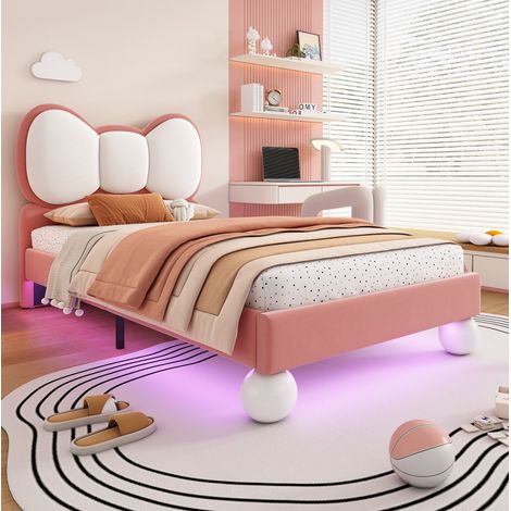 Cama individual infantil tapizada en terciopelo beige y rosa 90x200 cm con cabecero mariposa y tira LED