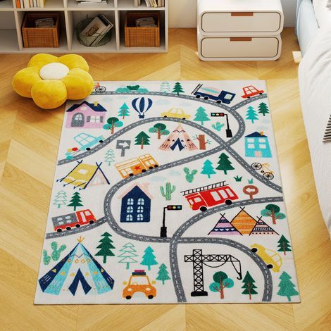 Tapis à motif autoroute, fond blanc, polaire douce, facile d'entretien, coloré (1/5)