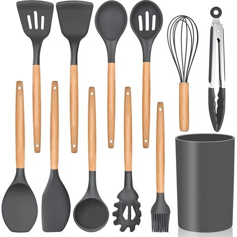 delige Non - Hittebestendig Kookgerei met Opbergkoker - Krasvrij, BPA - vrij, Anti - 12 - aanbak & Makkelijk Schoon te Maken - Stick Siliconen Keukengerei Set met Houten Handvatten - Khaki[CC] (1/5)
