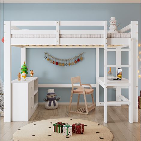 Letto rialzato bambini 90x200 cm con scrivania, 3 cassetti, ripiano portaoggetti e scala, in MDF, senza materasso, bianco (1/5)