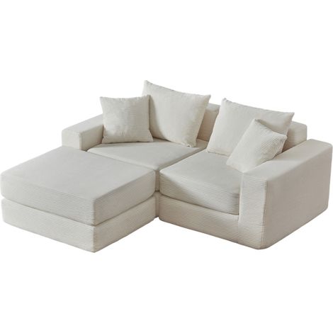 Canapé modulable convertible 2 places en velours côtelé blanc, assise confortable, dossier généreux, compact pour petit salon, style moderne CHICFURN (1/5)