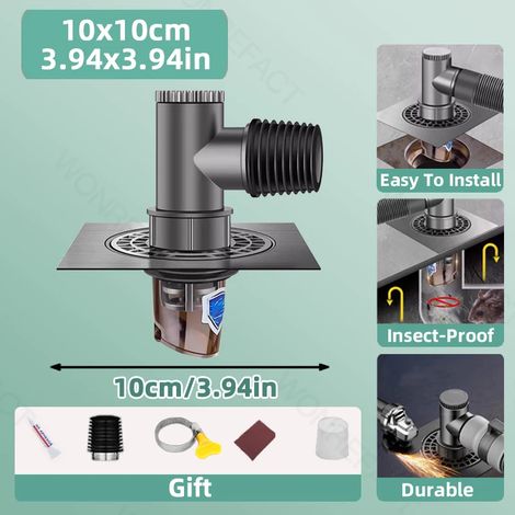 (10x10cm-Drain Tee)Large Square Bathroom Floor Drain with Hair Catcher Floor drain Core 304 Stainless Steel Universal Bathroom Accessories (1/4)