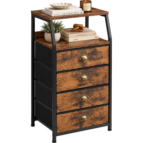 Relaxdays fabric chest of drawers, HxWxD: 84.5x40x29 cm, 4 fabric drawers, metal, MDF, hallway, bedroom, brown/black (1/5)