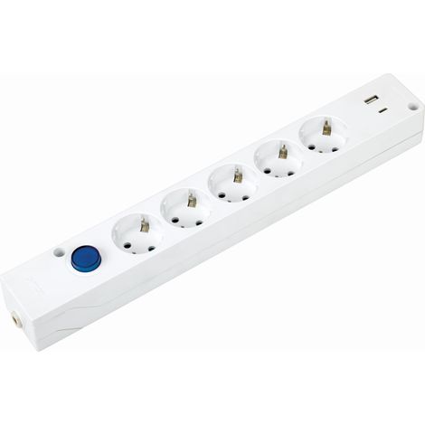 Multiprise multifix, multiprise Plate, 5 Prises de 16 A et 2 USB A+C 3A avec Charge Rapide, Prise de Terre et Interrupteur de lumière, 250 V, 3680 W, Couleur Blanche (1/5)