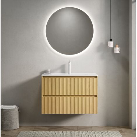 Waschtischunterschrank mit Keramikbecken, Sperrholz in Golden Oak/Weiß, 75 cm, wandhängend, 2 Schubladen (1/5)