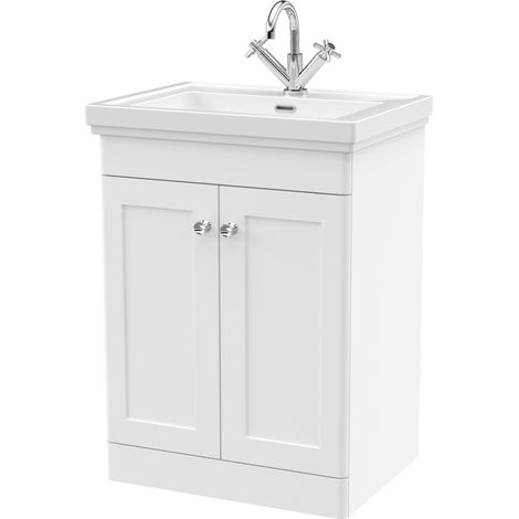 Nuie Classique Floor Standing 2-Door Vanity Unit with Basin 600mm Wide Satin White - 1 Tap Hole (1/5)