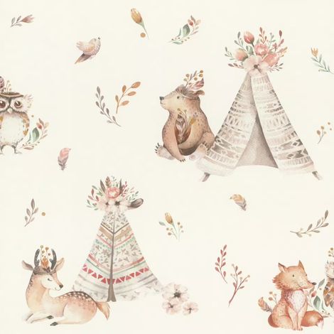 Kids Wallpaper Beige Woodland Animals Teepee Nursery Watercolour Boho (1/4)