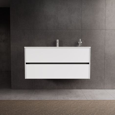 Inda - Badezimmerschrank 2 Schubladen L.120 mit glänzendem Waschbecken / Mattweiß - diamante