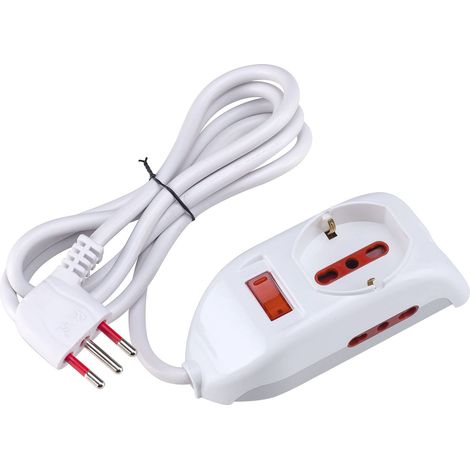 Multipresa con spina 10A piegata a 90°, 1 presa bipasso/schuko 10A/16A e 2 prese bipasso 10A/16A, cavo 1,5 metri, con interruttore, bianco, serie Emilia - Rosi RS94003T (1/5)