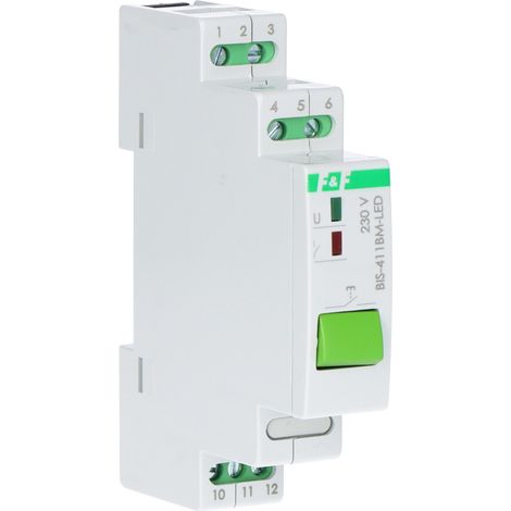 Relé biestable BIS-411BM-LED con pulsador de control manual, memoria, montaje en carril DIN, 230 V, con relé de entrada de 160 A/20 ms (1/4)