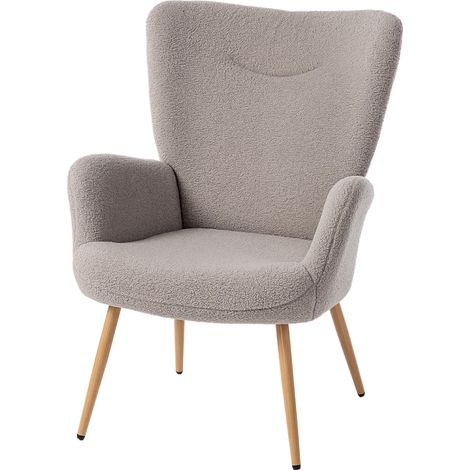 Fauteuil salon, fauteuil d'appoint rembourré en tissu bouclette avec haut dossier et accoudoirs, 71x74x97,5cm, gris (1/5)