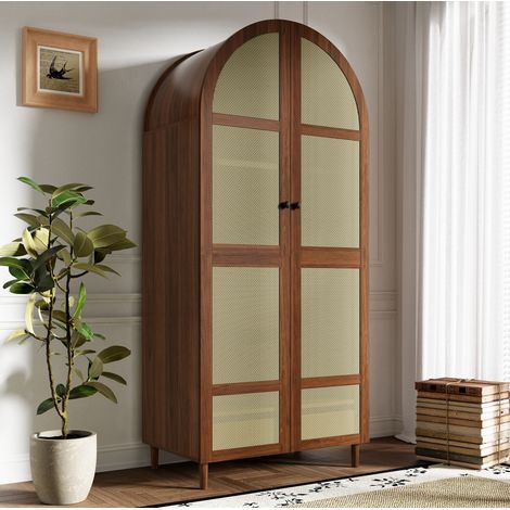 Armoire penderie 80x50x179 cm avec tiroir et tringle, portes en rotin, pieds stables, MDF coloris noyer (1/5)