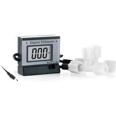 Ein schwarzer, wandmontierter TDS-Wasserqualitätsanalysator aus Kunststoff mit doppelter TDS-Funktion und integriertem TDS-Wert. (1/5)