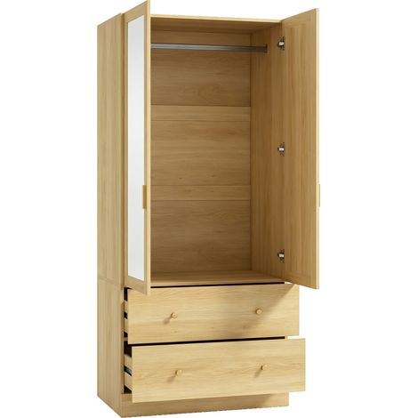Armoire chambre penderie avec miroir - 80 x 50 x 180 cm, chêne - 2 portes, 2 tiroirs et barre de suspension - Pour chambre - Design moderne (1/5)