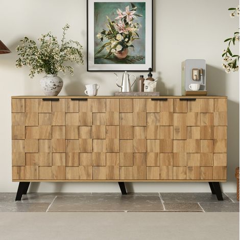 Credenza in legno truciolare color legno 160,5x35,5x78 cm, 4 ante con ripiani regolabili e cerniere ammortizzate (1/5)