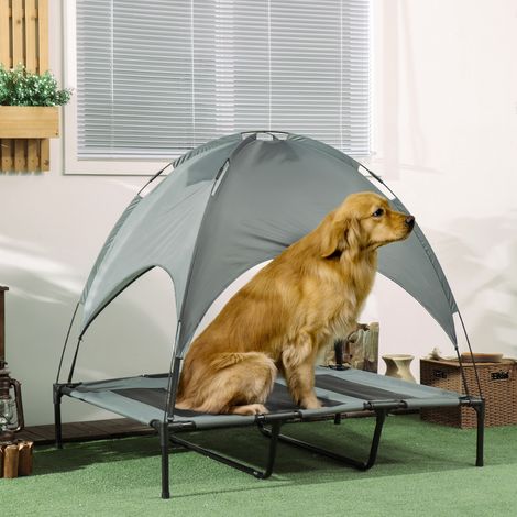 PawHut Erhöhtes Hundebett mit Sonnenschutz, Hunde-/Katzen-Campingbett auf Beinen, atmungsaktives Oxford-Gewebe, UV-beständig, Metallrahmen, inklusive Tragetasche, Outdoor-Katzenbett, 122 x 92 x 108 cm