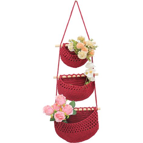 Bolsa para fruta de tres niveles, tejida a mano en estilo bohemio, de color rojo. Malla decorativa hueca para macetas.