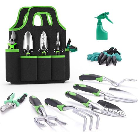 Ensemble d'outils de jardinage, kit de jardinage extérieur en aluminium de 9 pièces comprenant des gants de jardinage, une pelle, un sécateur, etc., avec gants et sac de rangement. Idée cadeau pour ho (1/5)