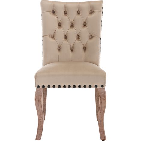Set de 2 sillas de comedor de terciopelo camel claro con tachuelas y anilla trasera (1/5)