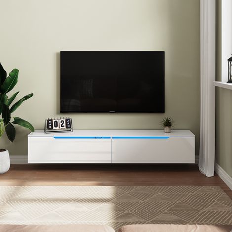 SONNI Moderner hochglänzender hängender TV-Schrank Fernsehtisch mit LED-Licht, TV-Möbel mit 2 Türen zur Aufbewahrung von Medien Weiß, 1800mm (1/5)