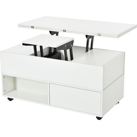 Tavolino da salotto sollevabile bianco 100 x 50 x 52 cm con 4 cassetti e ruote MODENUIT (1/5)