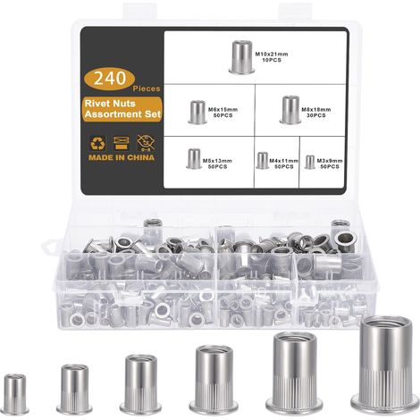 240 Pièces Écrou à Rivet Assortiment, M3 M4 M5 M6 M8 M10 Écrous à Riveter Fileter en Acier inoxydable 304, 6 Tailles Écrou à Rivet Fileté à Tête Plate Rivet Inserts Filetés (1/5)