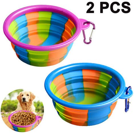 Gamelle et écuelle pour chien Bols pliables pour chien, paquet de 2 bols à eau portables et pliables avec mousqueton pour voyager pour nourrir les chats, bleu + violet (1/5)