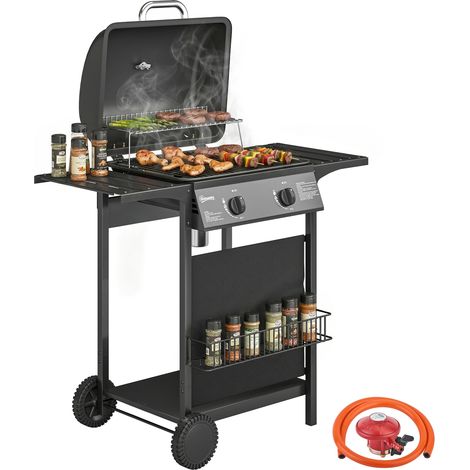 Gas Barbecue Grill, 2 Burners, Side Tables, 99 x 56 x 95 cm, Black (1/5)