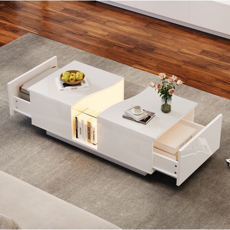 Mesa de centro LED moderna 100x50x35 cm en MDF blanco con almacenaje FloraGrace (1/5)