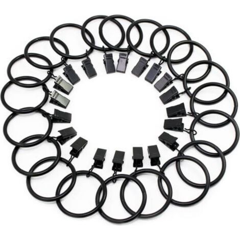 (Schwarz, Innendurchmesser 38 mm) 20 Gardinenringe mit Clips, Gardinenaufhängeringe aus Edelstahl mit Clips zur Gardinen-Bilddekoration