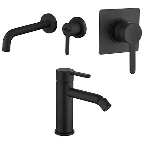 Set Rubinetti Jacuzzi per lavabo a parete e bidet senza scarico e doccia incasso serie Sunset YO nero opaco (1/5)