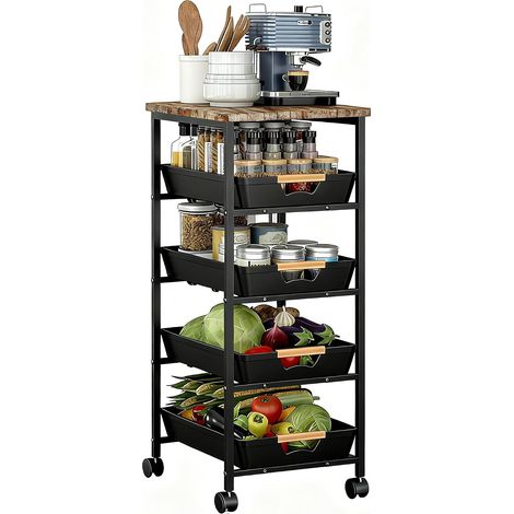 Chariot Utilitaire Roulant à 5 Niveaux avec Dessus et tiroirs en Bois, Organisateur de Rangement à Cadre en métal avec roulettes pour Cuisine, Salle de Bain, Salon, Bureau (1/5)